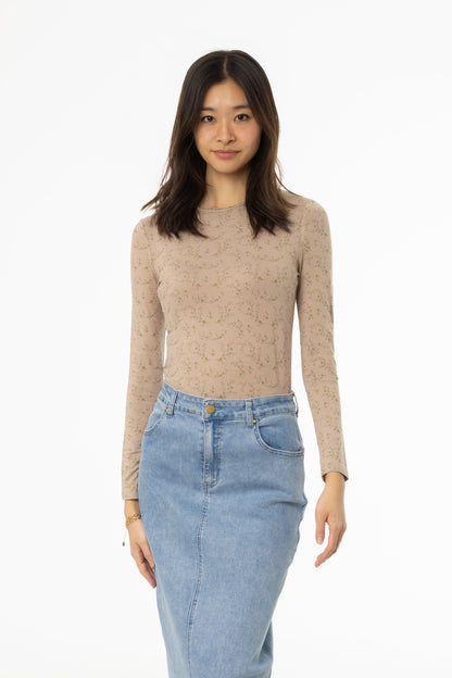 Mocha Floral Printed Round Neck Tee