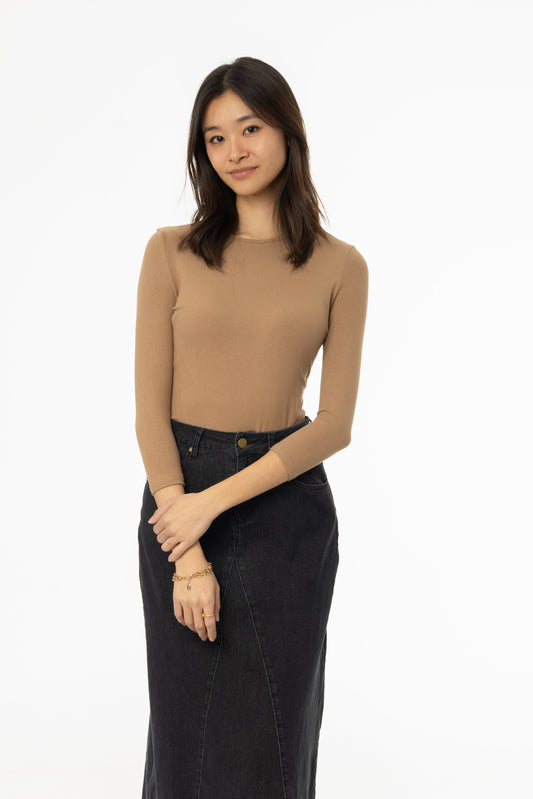 Mocha Ribbed Round Neck 3/4 Sleeve T-Shirt