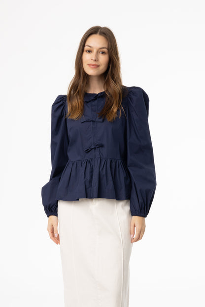 Navy Cotton Bow Blouse