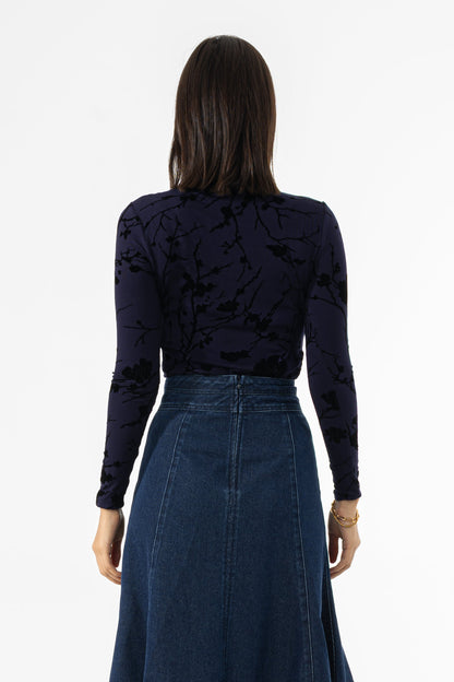 Navy Velvet Detail Mock Neck Top