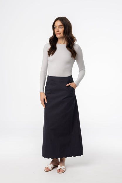 Navy Scalloped Maxi Skirt