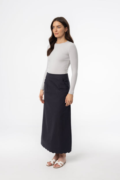 Navy Scalloped Maxi Skirt