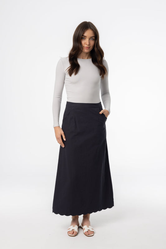 Navy Scalloped Maxi Skirt