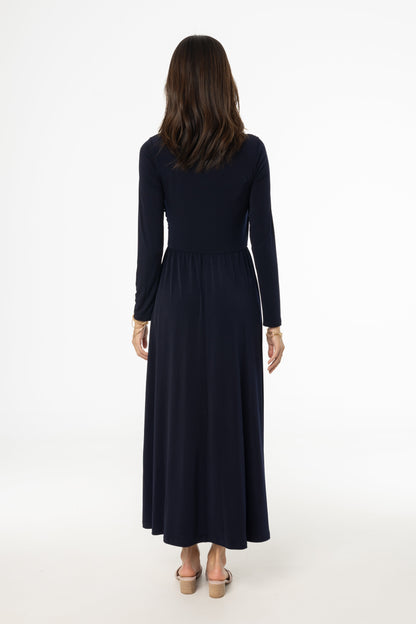 Navy Slinky Faux Wrap Maxi Dress