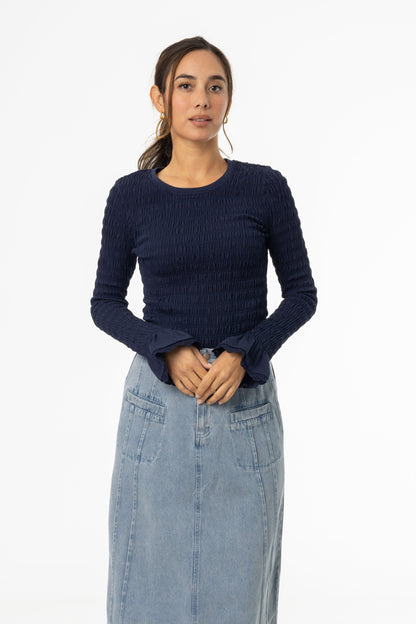 Navy Smocked Ruffle Sleeve T-Shirt