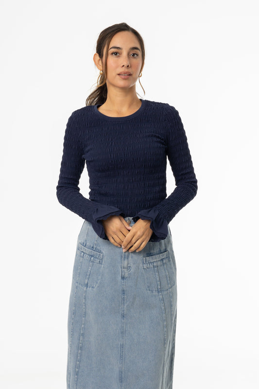 Navy Smocked Ruffle Sleeve T-Shirt