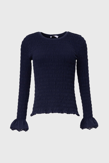 Navy Smocked Ruffle Sleeve T-Shirt