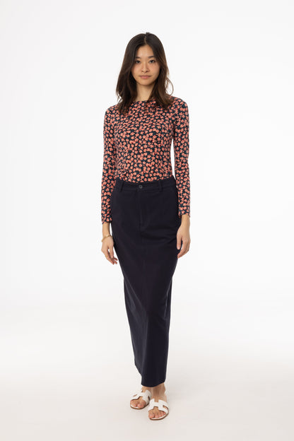 Navy Stretch Cotton Maxi Skirt