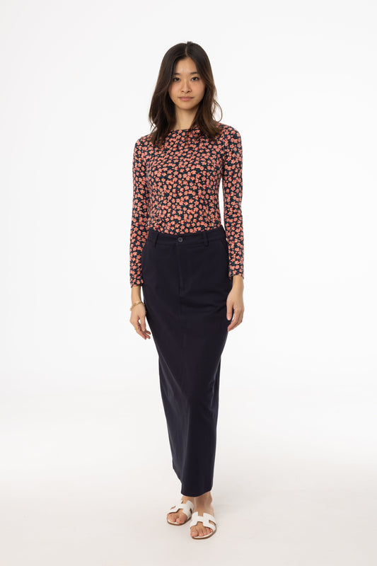 Navy Stretch Cotton Maxi Skirt