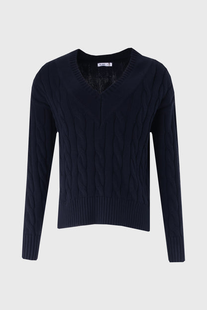Navy V-Neck Cable Knit Sweater