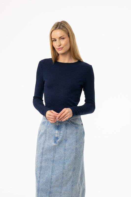 Navy Waved Round Neck Long Sleeve T Shirt