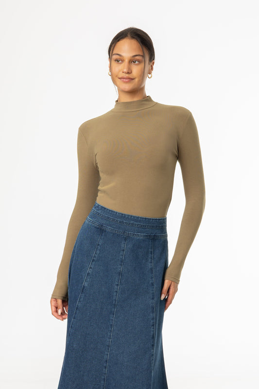 Olive Ribbed Mock Neck Top
