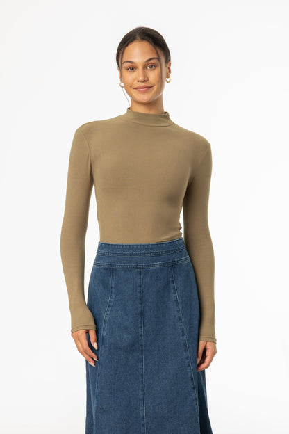 Olive Ribbed Mock Neck Top