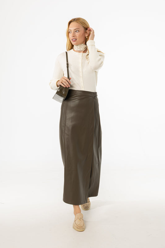 Olive Wrap Vegan Leather Maxi Skirt