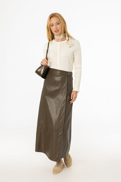 Olive Wrap Vegan Leather Maxi Skirt