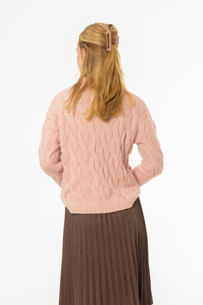Pink Collar Detail Cable Knit Sweater
