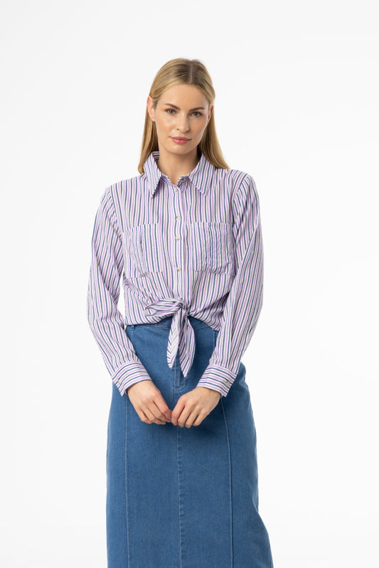Purple Multi Striped Tie Blouse