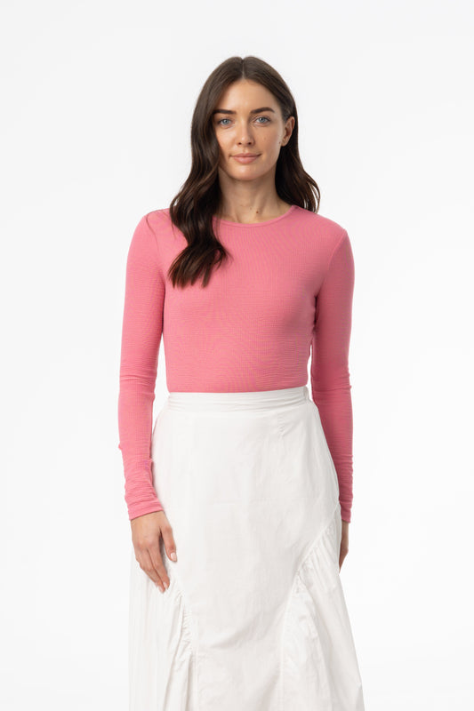 Raspberry Waved Round Neck Long Sleeve T Shirt