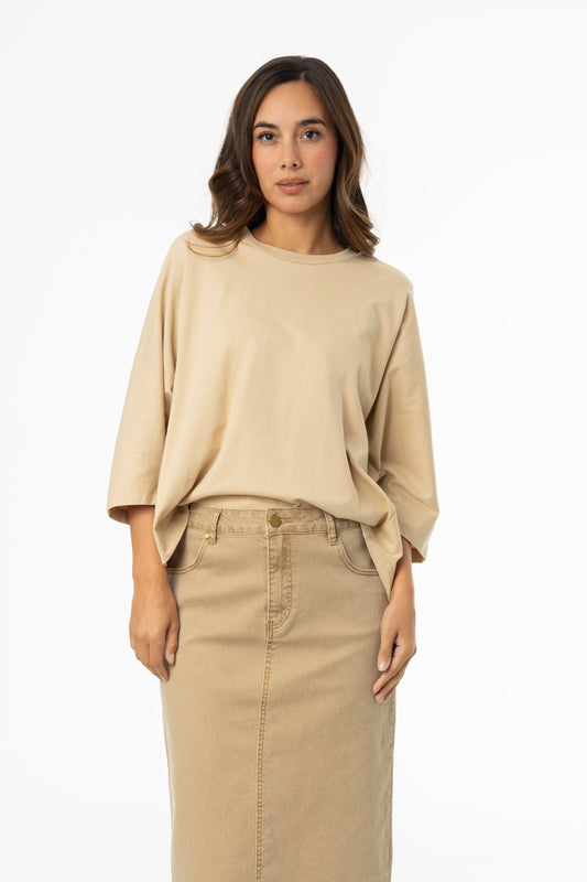 Tan Oversized Dolman 3/4 Sleeve T-Shirt