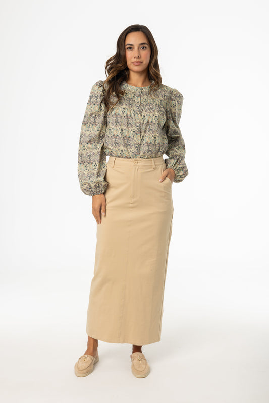 Tan Stretch Cotton Maxi Skirt