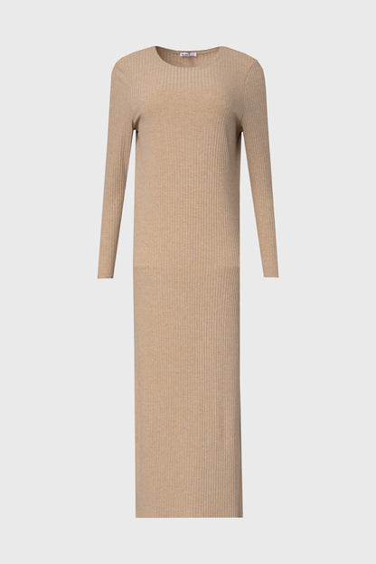 Tan Wide Ribbed Basic Maxi Dress