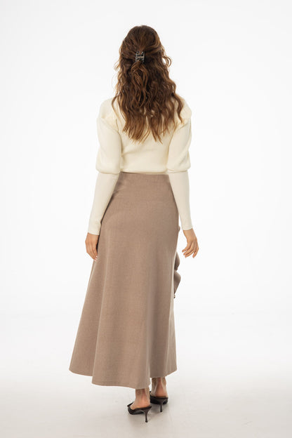 Taupe Ruffle Wool Maxi Skirt