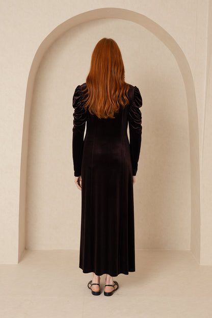 Brown Velvet Square Neck Dress