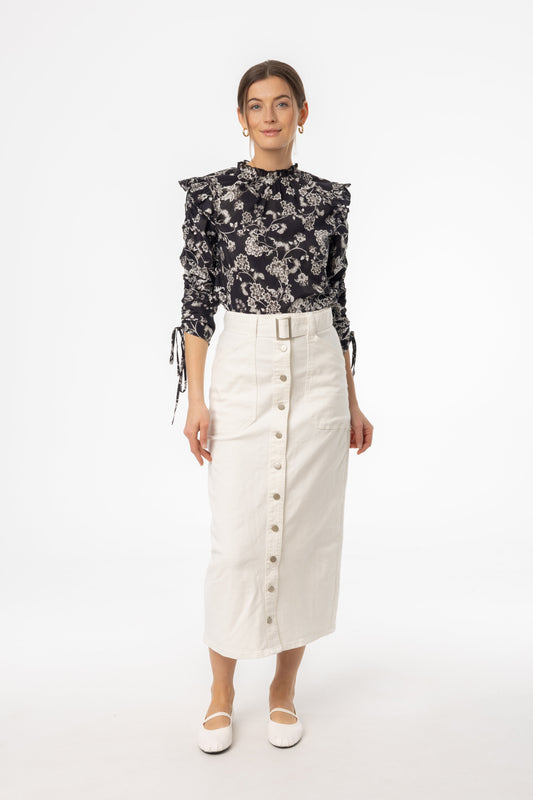 White Belted Button Down Denim Skirt