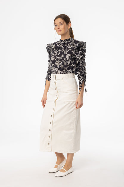 White Belted Button Down Denim Skirt