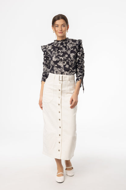 White Belted Button Down Denim Skirt