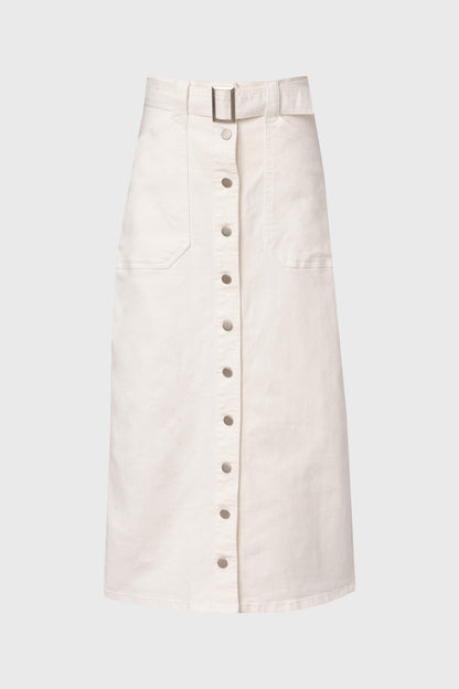 White Belted Button Down Denim Skirt