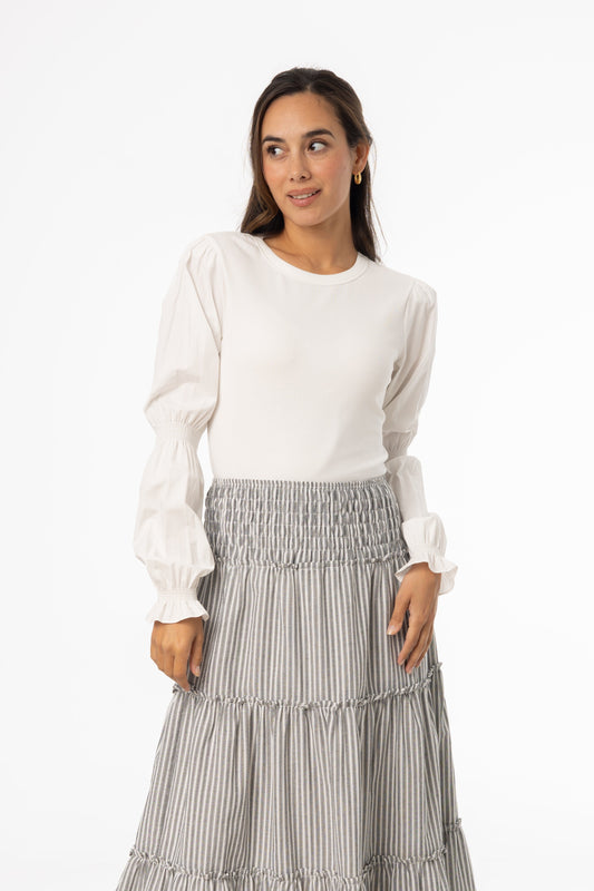 White Combo Gathered Sleeve T-Shirt
