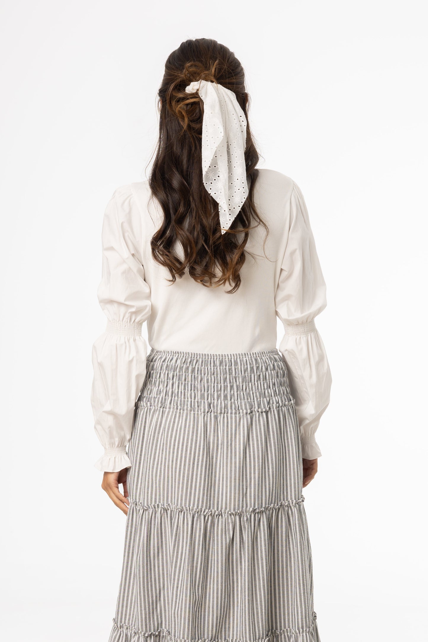 White Combo Gathered Sleeve T-Shirt