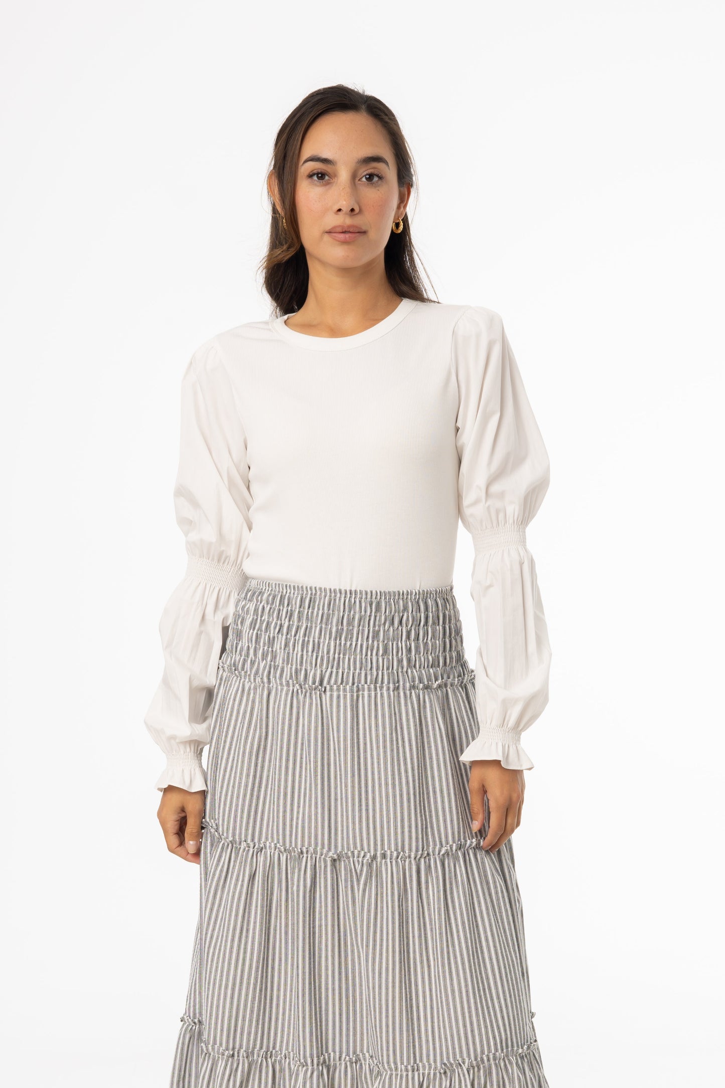 White Combo Gathered Sleeve T-Shirt