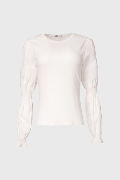 White Combo Gathered Sleeve T-Shirt