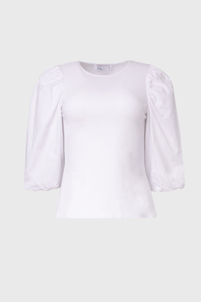 White Puff Sleeve Mixed Fabric Tee