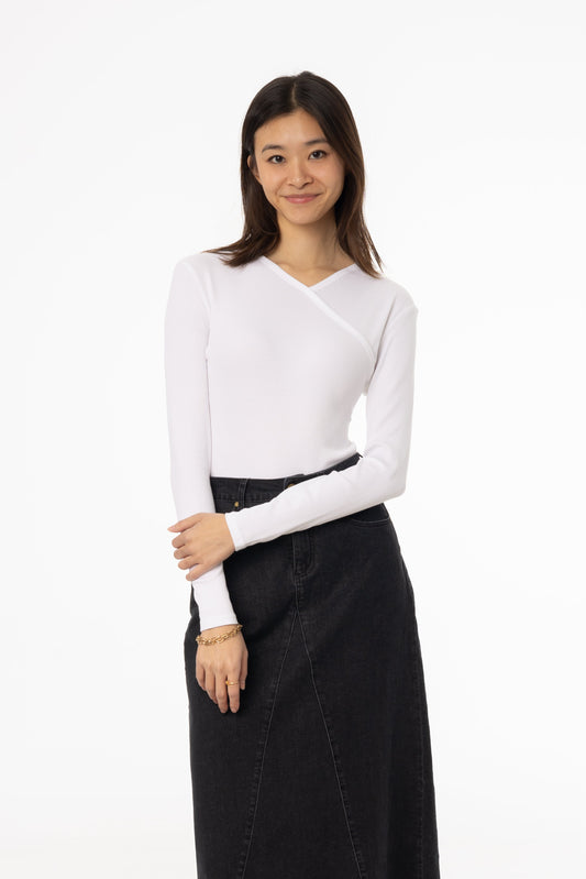 White Ribbed Faux Wrap Tee