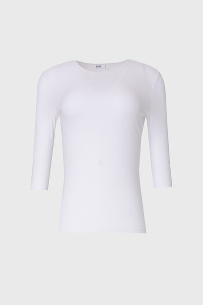 White Ribbed Round Neck 3/4 Sleeve T-Shirt