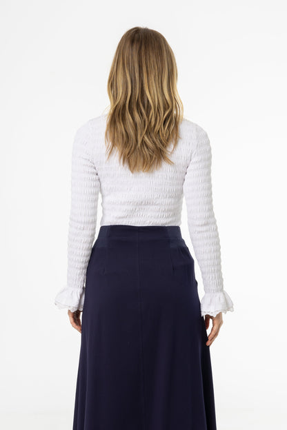 White Smocked Ruffle Sleeve T-Shirt